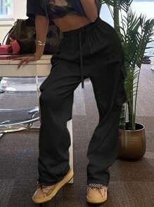 素色腰部抽繩工裝褲 - 黑色 - 查看 1