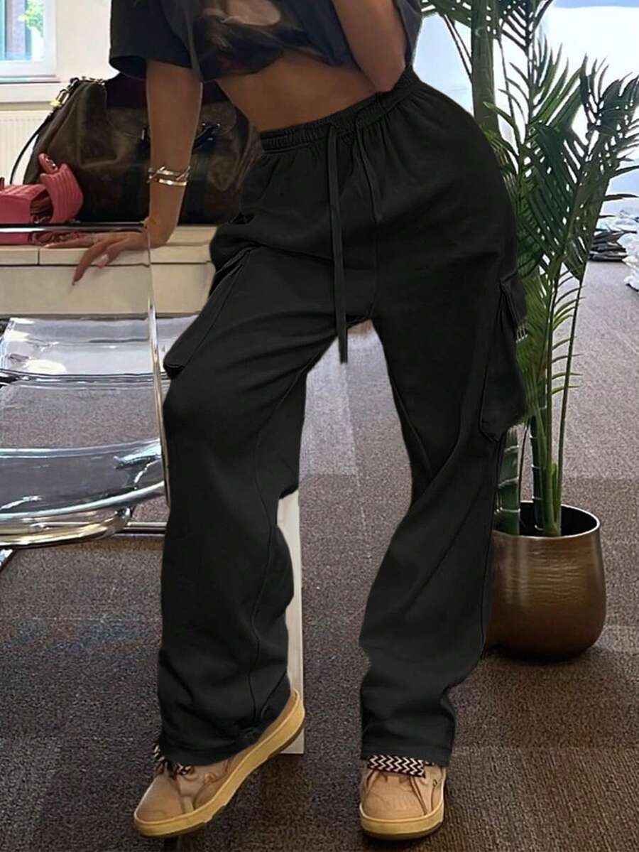 素色腰部抽繩工裝褲 - 黑色 - 查看 1