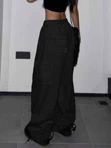 素色腰部抽繩工裝褲 - 黑色 - 查看 2