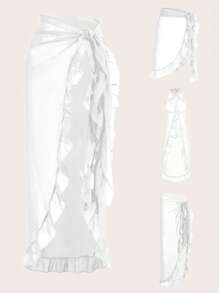 SHEIN Swim Viền Ruffle Cà vạt Bọc Nút ven Váy che - trắng - Xem 4