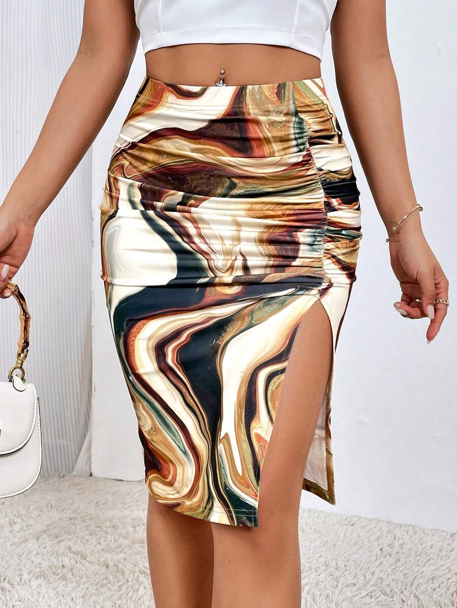 SHEIN Privé 大理石圖案高衩半身裙 - 彩色 - 查看 1