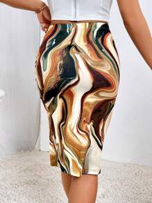 SHEIN Privé 大理石圖案高衩半身裙 - 彩色 - 查看 2