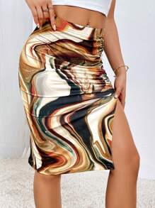 SHEIN Privé 大理石圖案高衩半身裙 - 彩色 - 查看 5