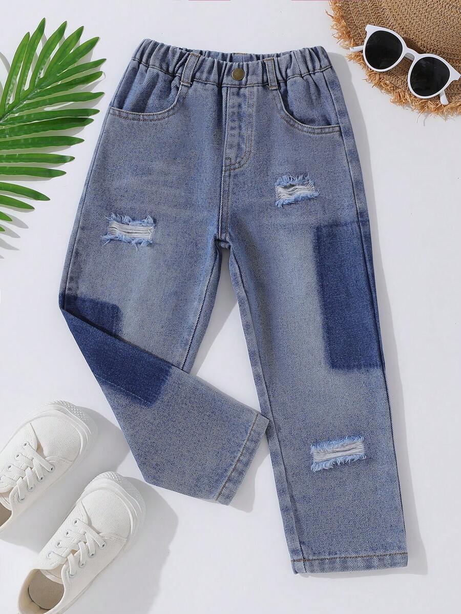 Young Boy Ripped Straight Leg Jeans - Medium Wash - View 1