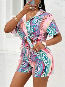 Zolique Camisa con estampado de hombros caídos & Shorts con cordón delantero