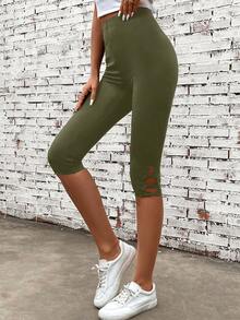 SHEIN LUNE 交叉下擺七分緊身打底褲 - 軍綠色 - 查看 4