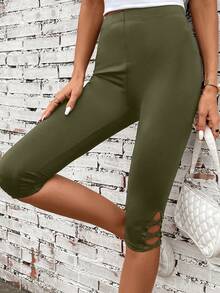 SHEIN LUNE 交叉下擺七分緊身打底褲 - 軍綠色 - 查看 5