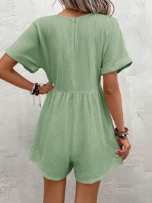 SHEIN LUNE Batwing Sleeve Half Button Dual Pocket Romper - Green - View 2