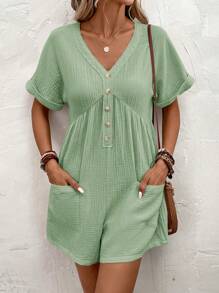 SHEIN LUNE Batwing Sleeve Half Button Dual Pocket Romper - Green - View 3