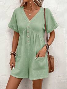 SHEIN LUNE Batwing Sleeve Half Button Dual Pocket Romper - Green - View 5