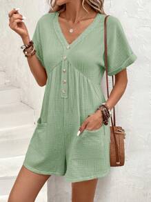SHEIN LUNE Batwing Sleeve Half Button Dual Pocket Romper - Green - View 6