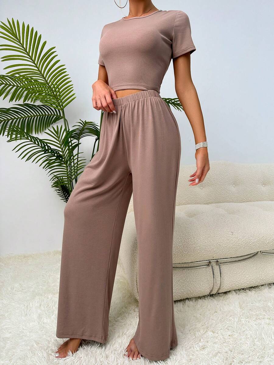 Solid Tee & Wide Leg Trousers Lounge Set - Coffee Brown - View 1