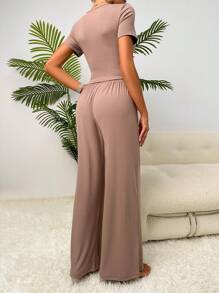Solid Tee & Wide Leg Trousers Lounge Set - Coffee Brown - View 2