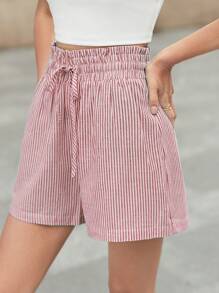 SHEIN Frenchy In sọc Túi giấy Eo dây rút Quần short - Đỏ và trắng - Xem 1