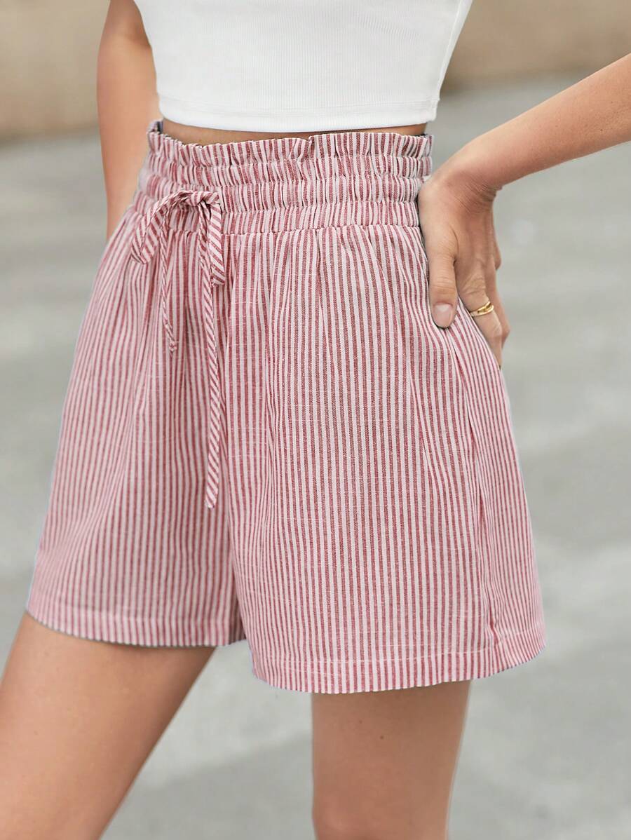 SHEIN Frenchy In sọc Túi giấy Eo dây rút Quần short - Đỏ và trắng - Xem 1