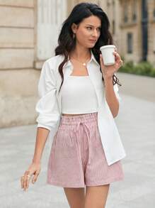 SHEIN Frenchy In sọc Túi giấy Eo dây rút Quần short - Đỏ và trắng - Xem 3