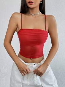 SHEIN EZwear Chất rắn Xù Cami ngọn - Đỏ - Xem 3