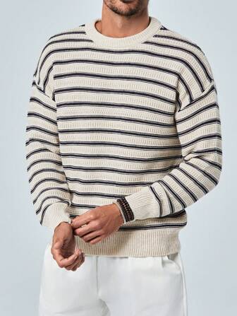 RueChic Men Striped Pattern Drop Shoulder Sweater