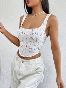 SHEIN EZwear In hoa Ditsy Crop Tank Top - trắng - Xem 4