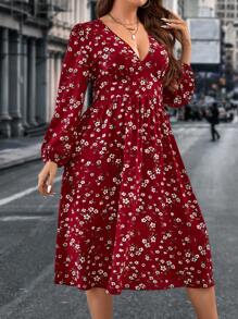 SHEIN Clasi 大碼小碎花V領燈籠袖連衣裙 - 紅白色 - 查看 5
