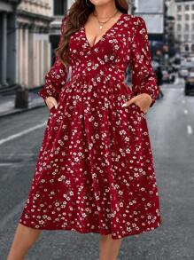 SHEIN Clasi 大碼小碎花V領燈籠袖連衣裙 - 紅白色 - 查看 1
