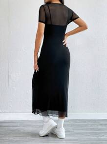 SHEIN EZwear 長洋裝實心對比網紗修身連身裙 - 黑色 - 查看 2