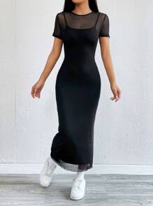 SHEIN EZwear 長洋裝實心對比網紗修身連身裙 - 黑色 - 查看 5