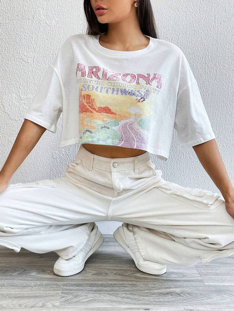 SHEIN EZwear Letter Graphic Drop Shoulder Crop Tee - White - View 1