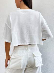 SHEIN EZwear Letter Graphic Drop Shoulder Crop Tee - White - View 2