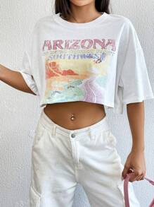 SHEIN EZwear Letter Graphic Drop Shoulder Crop Tee - White - View 3