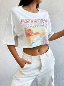 SHEIN EZwear Letter Graphic Drop Shoulder Crop Tee - White - View 6
