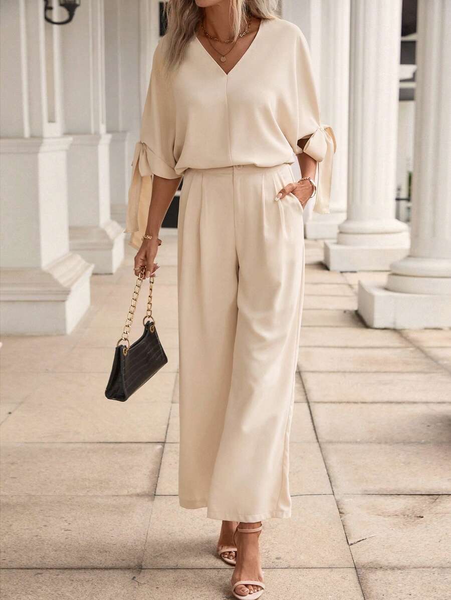 SHEIN LUNE 蝙蝠袖打結袖口上衣和闊腿褲 - 杏色 - 查看 1