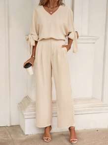 SHEIN LUNE 蝙蝠袖打結袖口上衣和闊腿褲 - 杏色 - 查看 3