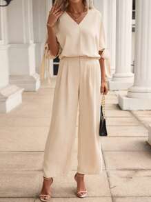 SHEIN LUNE 蝙蝠袖打結袖口上衣和闊腿褲 - 杏色 - 查看 4