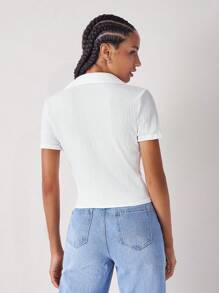 SHEIN EZwear Áo sơ mi nữ Nút phía trước màu trơn Giải trí - trắng - Xem 2