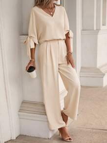 SHEIN LUNE 蝙蝠袖打結袖口上衣和闊腿褲 - 杏色 - 查看 5