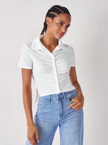 SHEIN EZwear Áo sơ mi nữ Nút phía trước màu trơn Giải trí - trắng - Xem 4