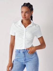 SHEIN EZwear Áo sơ mi nữ Nút phía trước màu trơn Giải trí - trắng - Xem 5