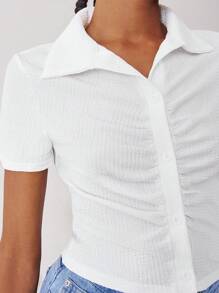 SHEIN EZwear Áo sơ mi nữ Nút phía trước màu trơn Giải trí - trắng - Xem 7
