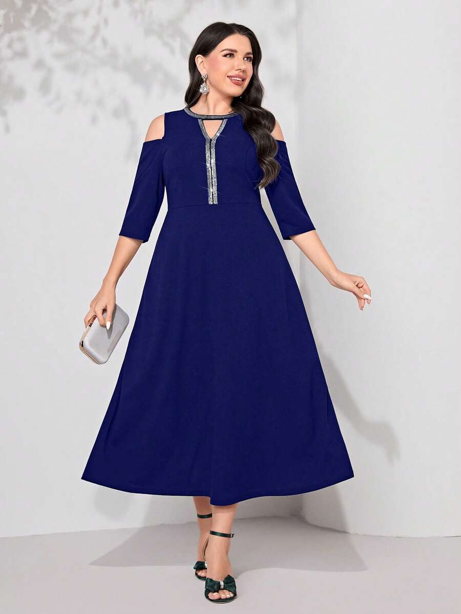 Modelyn Plus Cold Shoulder Contrast Sequin Dress - Royal Blue - View 1