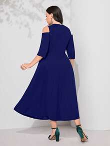 Modelyn Plus Cold Shoulder Contrast Sequin Dress - Royal Blue - View 2