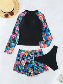 Tropical Print High Neck Shorts Rashguard With Bikini Bottom - Multicolor - View 3