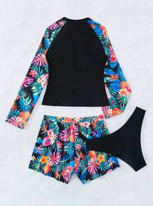 Tropical Print High Neck Shorts Rashguard With Bikini Bottom - Multicolor - View 4