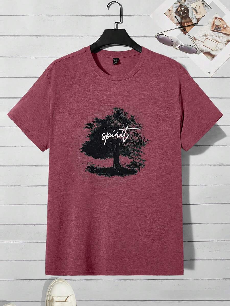 EASEVO Hombres talla grande Camiseta árbol & con estampado de letra - Burdeos - Ver 1