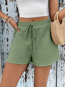 SHEIN Frenchy Dây thắt lưng Đồ đan Ribbed Quần short - màu xanh lá - Xem 1