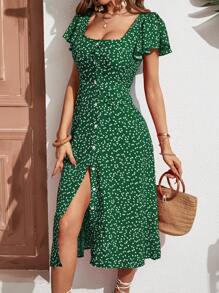 SHEIN Frenchy 滿版心形印花前紐扣蝴蝶袖連衣裙 - 綠色 - 查看 4