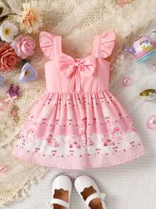 Dziewczynka Grafika rysunkowa Kokarda z przodu Karbowane wykończenie Sukienki - Różowy - Zobacz 1