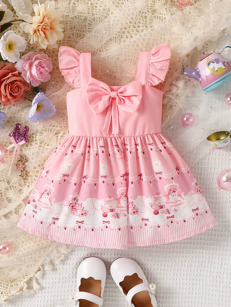 Dziewczynka Grafika rysunkowa Kokarda z przodu Karbowane wykończenie Sukienki - Różowy - Zobacz 1