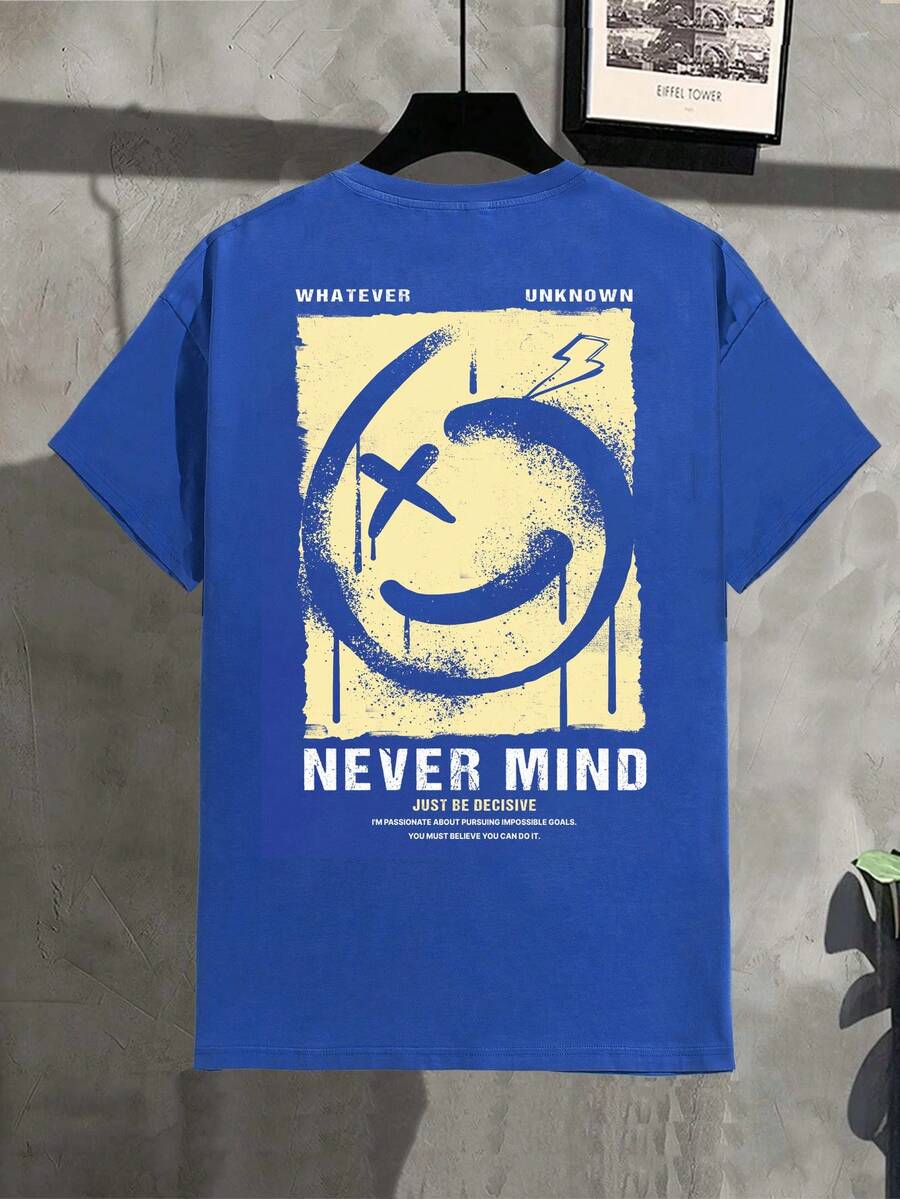 Manfinity RebelGame Hombres Camiseta con estampado de slogan y dibujos animados - azul real - Ver 1