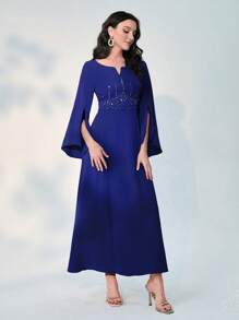 Modelyn Rhinestone Detail Notched Neckline Dress - Royal Blue - View 3